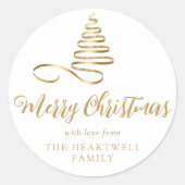 Sticker Rond Joyeux script de Noël Gold Ribbon Tree (Devant)
