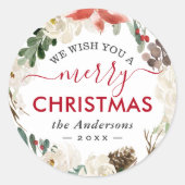 Sticker Rond Joyeux Script de Noël Poinsettia Floral Wreath (Devant)