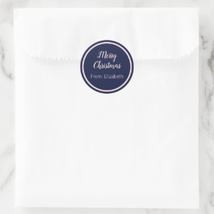 Sticker Rond Joyeux script de Noël rose pâle et bleu foncé Nom