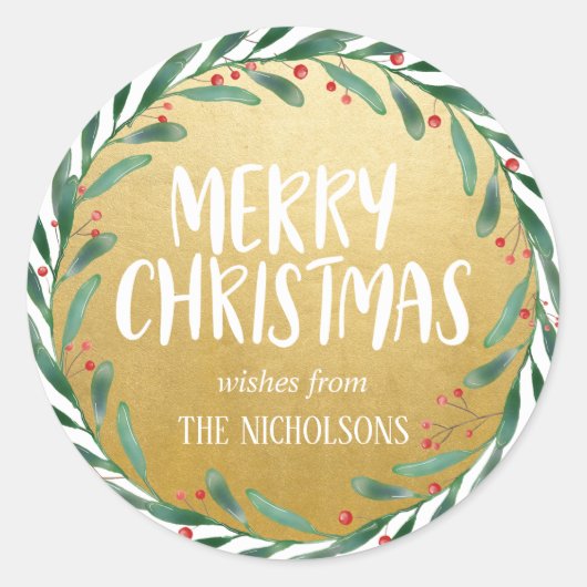 Sticker Rond Joyeux script de Noël | Wreath | Faux Gold Foil (Devant)