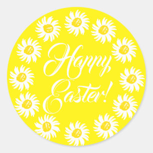 Sticker Rond Joyeux script jaune Pâques mignonette marguerite j