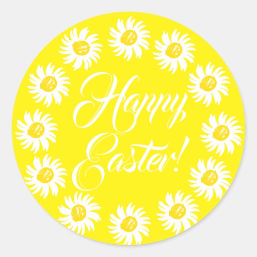 Sticker Rond Joyeux script jaune Pâques mignonette marguerite j (Devant)