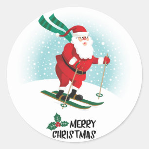 Sticker Rond Joyeux Ski de Noël Père Noël Vacances