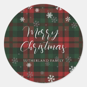 Sticker Rond Joyeux Snowflakes Noël Jouer Script Plaid Personna
