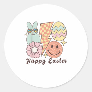 Sticker Rond Joyeux Sourire de Pâques Face Rétro Hippie Lapin L