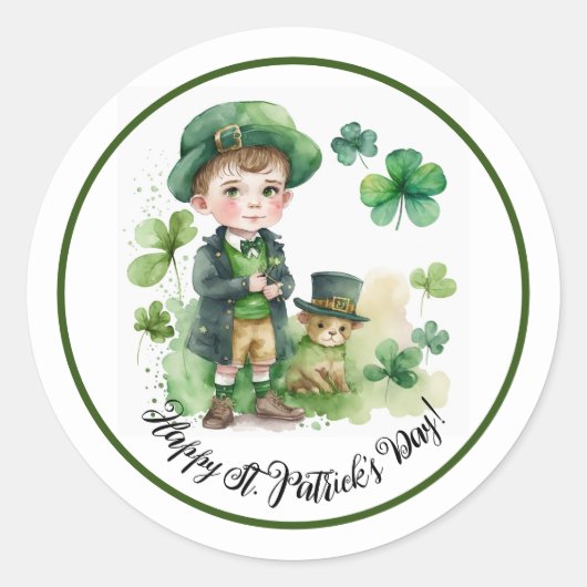 Sticker Rond Joyeux St.Patrick's Day Aquarelle Petit Irlandais (Devant)