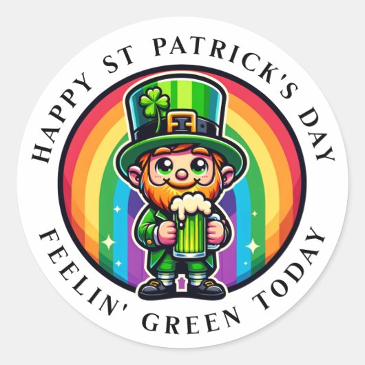 Sticker Rond Joyeux St Patrick's Day Leprechaun avec bière vert (Devant)