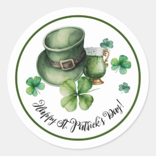 Sticker Rond Joyeux St.Patrick's Day Leprechaun Casquette Bière