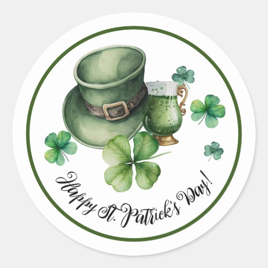 Sticker Rond Joyeux St.Patrick's Day Leprechaun Casquette Bière (Devant)