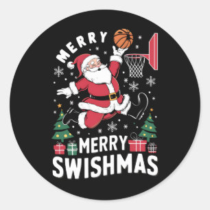 Sticker Rond Joyeux Swishmas Noël Santa Jouant au Basketball 