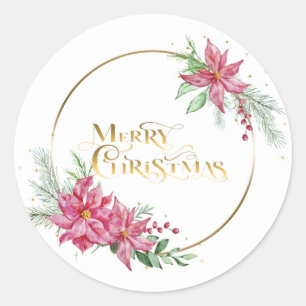 Sticker Rond Joyeux texte de Noël or avec Poinsettias et Pine