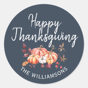 Sticker Rond Joyeux Thanksgiving automne citrouille bleu foncé