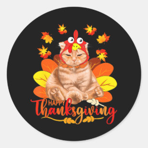 Sticker Rond Joyeux Thanksgiving Cat Turkey Christmas