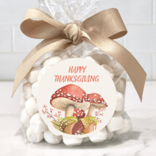 Sticker Rond Joyeux Thanksgiving Champignons Rouges Automne