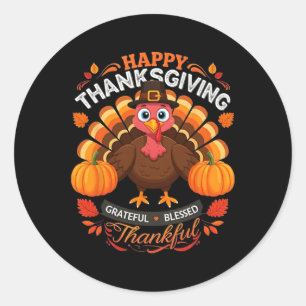 Sticker Rond Joyeux Thanksgiving dinde reconnaissant béni Grate