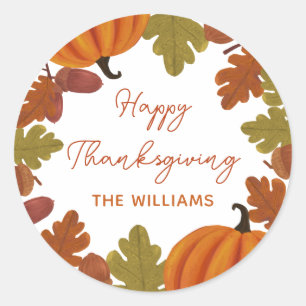 Sticker Rond Joyeux Thanksgiving Nom de famille Automne