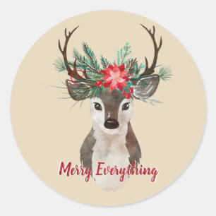 Sticker Rond Joyeux tout aquarelle Deer Antler Bouquet
