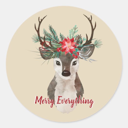 Sticker Rond Joyeux tout aquarelle Deer Antler Bouquet (Devant)