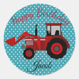 Sticker Rond Joyeux Tracteur rouge d'anniversaire
