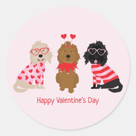 Sticker Rond Joyeux Valentines Day Mini Goldendoodle Chiens (Devant)