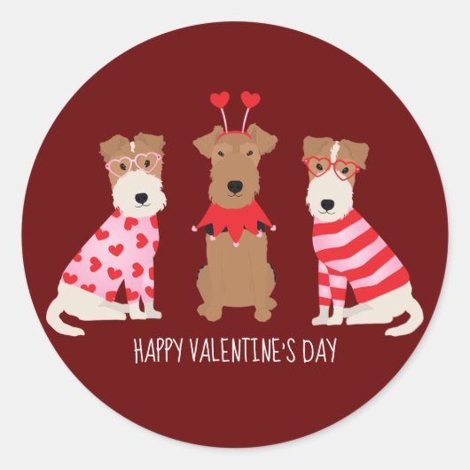 Sticker Rond Joyeux Valentines Day Welsh Wire Fox Terrier Chien (Devant)