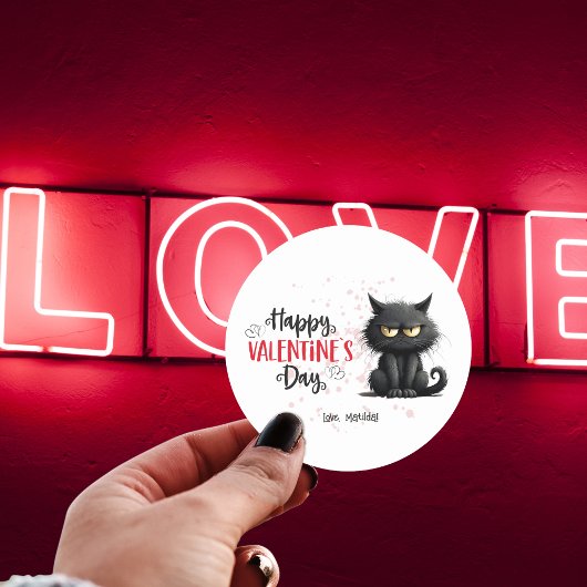 Sticker Rond Joyeux Valentines Jour Drôle Chat Noir