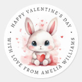 Sticker Rond Joyeux Valentines jour lapin mignon tenant coeur (Devant)