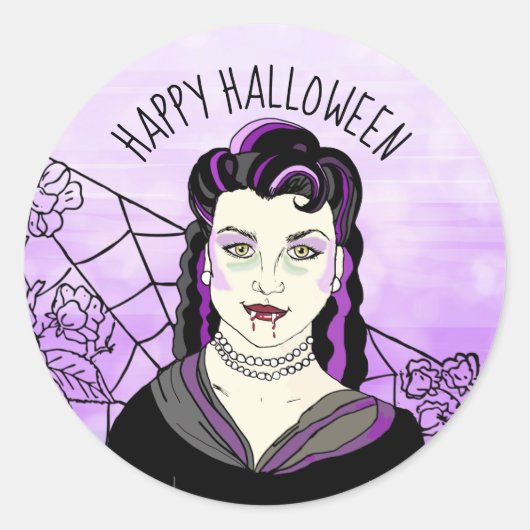 Sticker Rond Joyeux Vampire d'Halloween et toiles d'araignées (Devant)