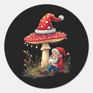 Sticker Rond Joyeux Vintage Noël Gnome Champignons Père Noël
