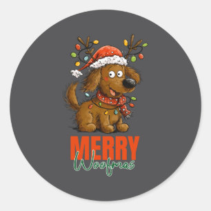Sticker Rond Joyeux Woofmas Chien Mignon Lumières de Noël Longu