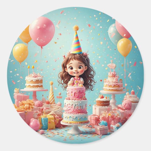 Sticker Rond Joyful Child Celebrate Birthday with Cake (Devant)