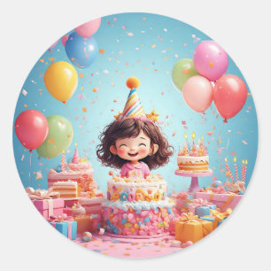 Sticker Rond Joyful Child Celebrate Birthday with Cake