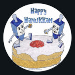 Sticker Rond Judaica Happy Hanukkah Dancing Dreidels<br><div class="desc">You are viewing The Lee Hiller Designs Collection of Home and Office Decor,  Apparel,  Toxiques and Collectibles. The Designs include Lee Hiller Photographie et Mixed Media Digital Art Collection. You can view her her Nature photographiy at at http://HikeOurPlanet.com/ and follow her hiking blog within Hot Springs National Park.</div>