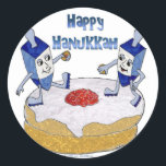 Sticker Rond Judaica Happy Hanukkah Dancing Dreidels<br><div class="desc">You are viewing The Lee Hiller Designs Collection of Home and Office Decor,  Apparel,  Toxiques and Collectibles. The Designs include Lee Hiller Photographie et Mixed Media Digital Art Collection. You can view her her Nature photographiy at at http://HikeOurPlanet.com/ and follow her hiking blog within Hot Springs National Park.</div>