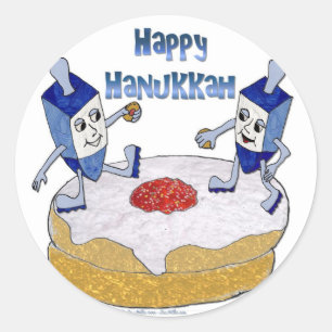 Sticker Rond Judaica Joyeux Hanukkah Dreidels Dansants Beignet