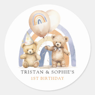 Sticker Rond Jumeaux 1er anniversaire Aquarelle Nounours