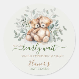 Sticker Rond Jumeaux Ourson Verdure Bohème Neutre Baby Shower
