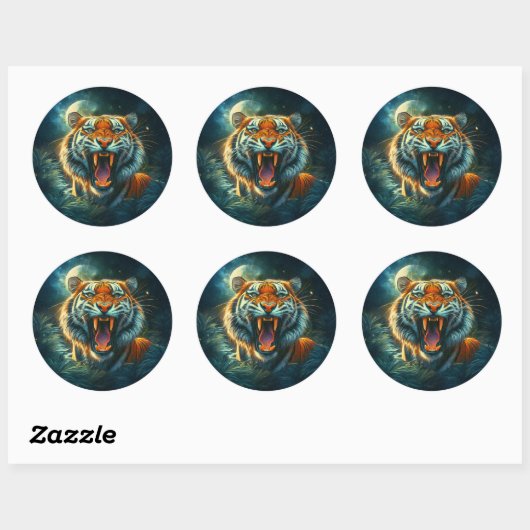 Sticker Rond Jungle au clair de lune de tigres (Feuille)