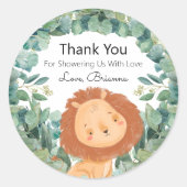 Sticker Rond Jungle Lion Baby shower vert Merci (Devant)