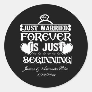 Sticker Rond Just Married ajouter des noms Date Mariage autocol