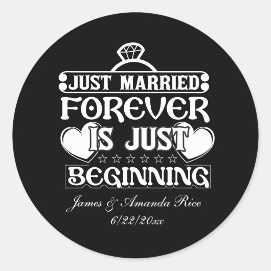 Sticker Rond Just Married ajouter des noms Date Mariage autocol (Devant)