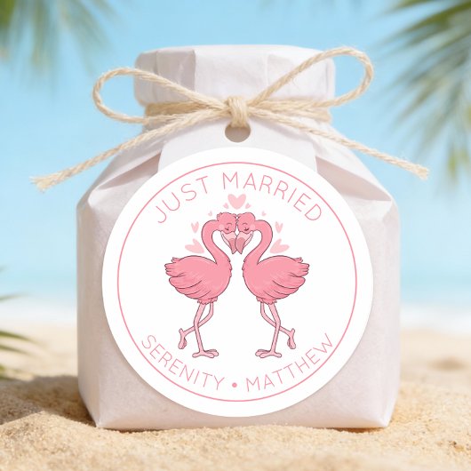 Sticker Rond Just Married Pink Flamingos Tropical Beach Wedding