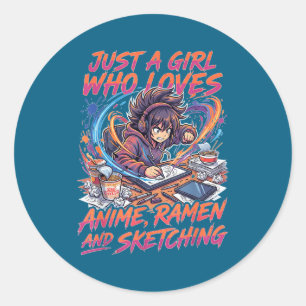 Sticker Rond Juste Une Fille Qui Aime Anime Ramen Et Croquis Ma