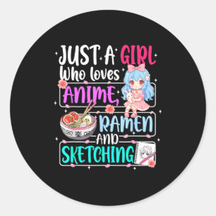 Sticker Rond Juste une fille qui aime l'anime ramen dessinant J