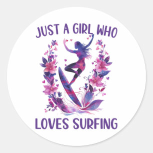 Sticker Rond Juste Une Fille Qui Aime Le Surf Mignon Surfeur Su
