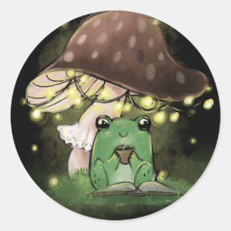 Sticker Rond Juste une petite grenouille lisant un livre