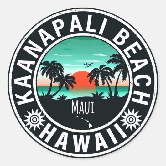 Sticker Rond Ka'anapali Beach Hawaii Retro Sunset Souvenirs 60' (Devant)