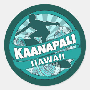 Sticker Rond Kaanapali Hawaii logo turquoise surfer