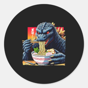 Sticker Rond Kaiju drôle mangeant un bol de ramen amant des mon