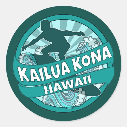 Sticker Rond Kailua Kona Hawaii logo turquoise surfer (Devant)